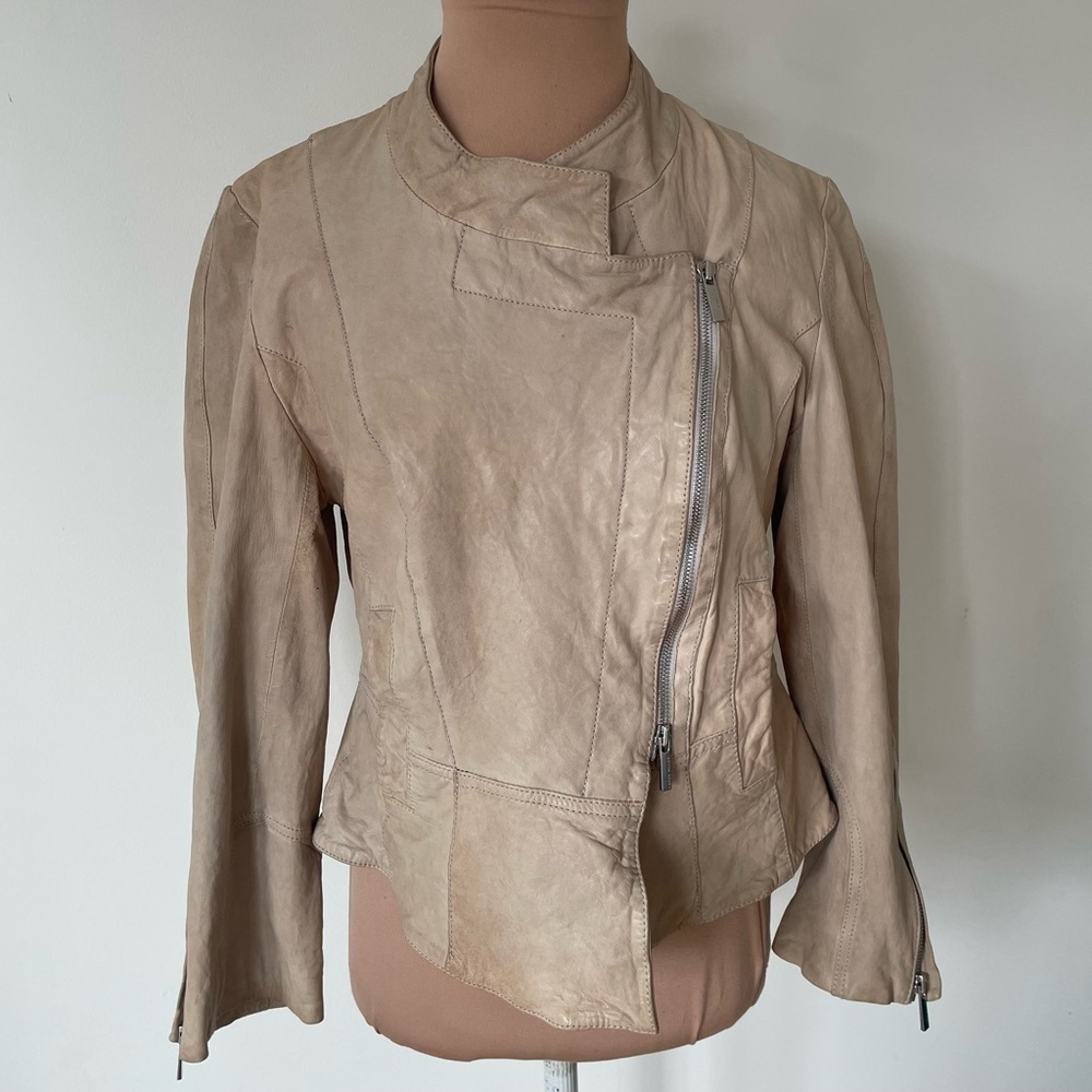 Karen Millen Tan Leather Asymmetrical Zip Front Motorcycle Moto Jacket Size 8